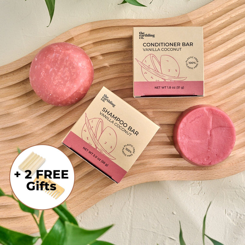 
        Shampoo & Conditioner For Hair Strength And Moisture + Free 8" Wooden Soap Dish and Bamboo Comb Vanilla Coconut