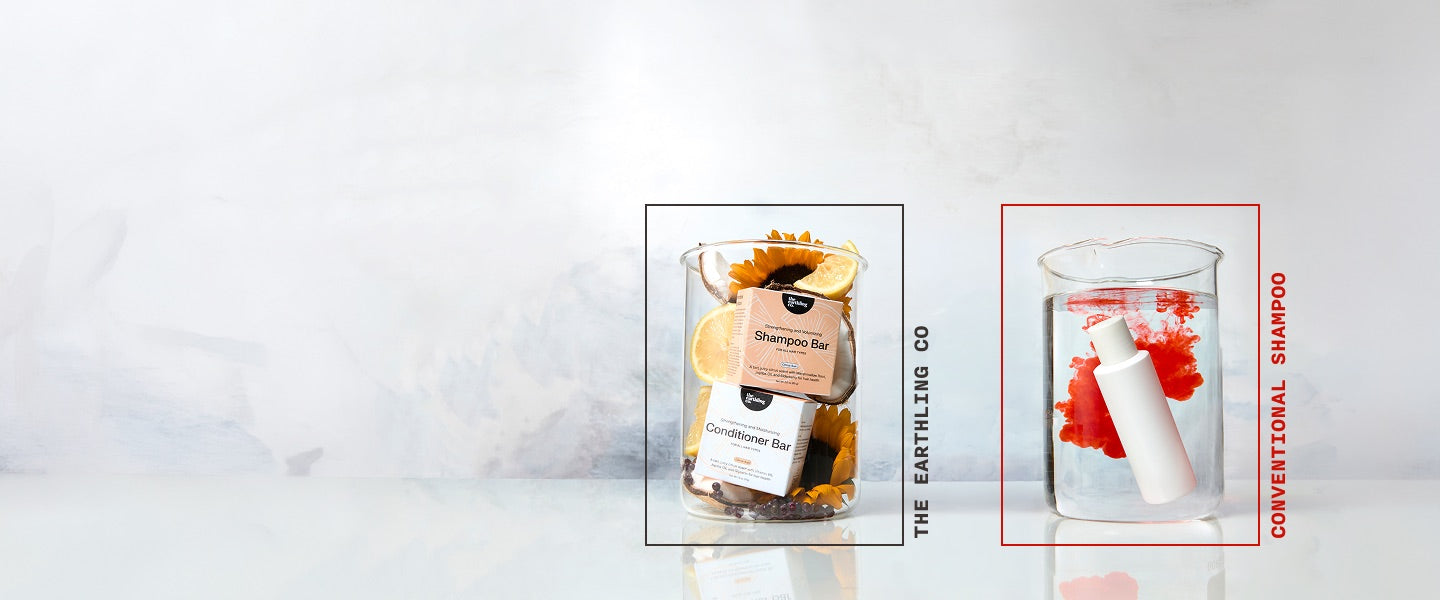 The Earthling Co shampoo & conditioner bars vs conventional liquid shampoo